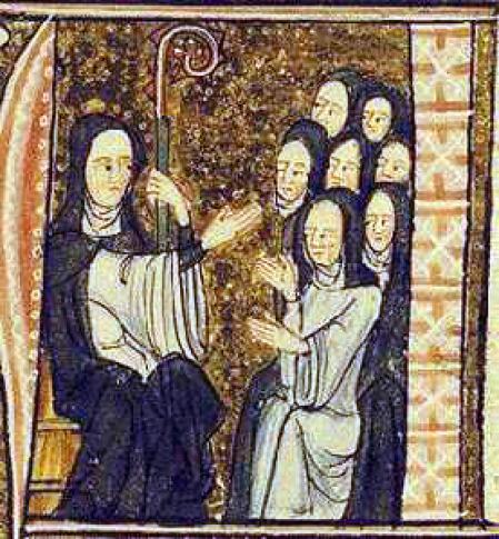 Santa Hildegarda y su comunidad de monjas en una miniatura del siglo XIII.