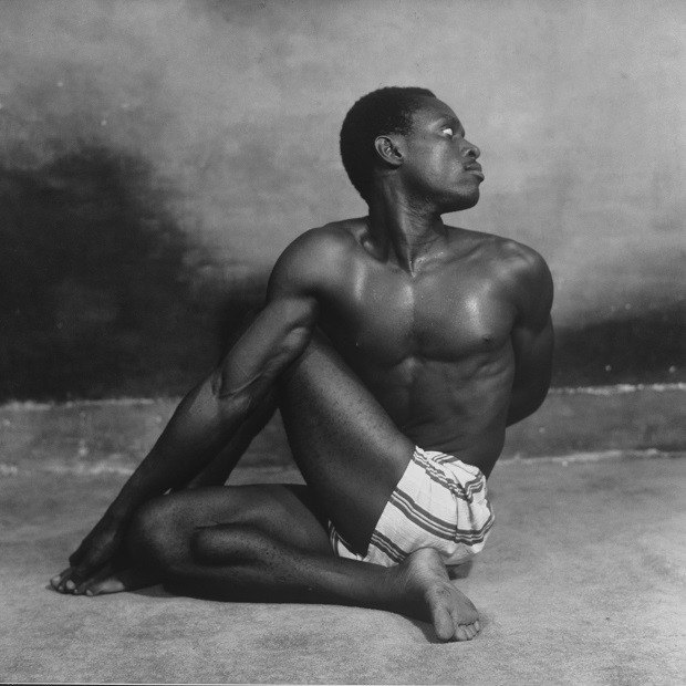 James Barnor, Peter Dodoo, yoga student of Mr. Strong, Studio Ever Young, Jamestown, Accra, circa 1955, featured in the exhibition 'James Barnor.  Stories”, Arles Photographic Encounters, Luma Arles, 2022. Courtesy of the artist.