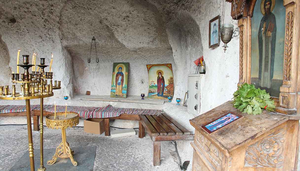 The interior of a rock church in Bulgaria
