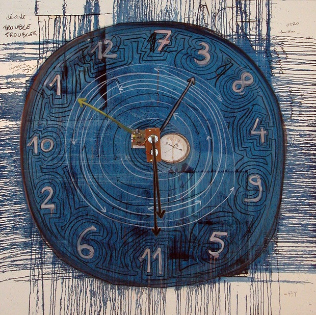 Fabrice Hyber, Watch, 2006 Fusain ; peinture à l’huile ; système électrique ; papier marouflé sur toile, 200 x 200 cm ©Fabrice Hyber