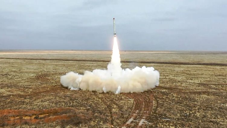 An Iskander-K (conventional) missile during training at an unidentified site in Russia.  The image was released on February 19, 2022 by the Russian Defense Ministry.  (RUSSIAN DEFENSE MINISTRY VIA AFP)