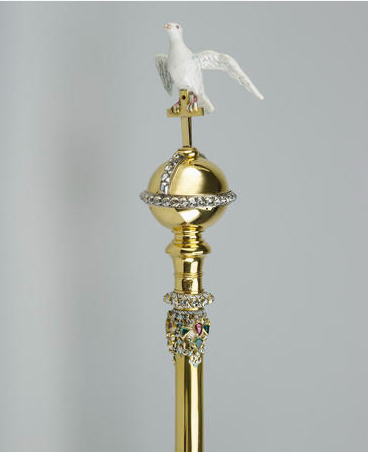 The scepter represents the spiritual role of the sovereign, with the dove representing the Holy Spirit.