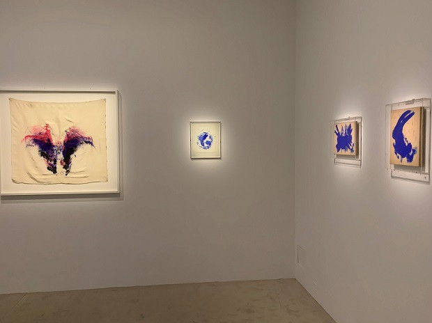 From left to right: Shroud Anthropometry (ANT SU 3) (1960), Untitled Anthropometry (ANT1) (1961), Preliminary Drawing for the Great Battles (D2) (1960) and Preliminary Drawing for the Anthropometry (D1) (1960) of Yves Klein, presented in the exhibition 