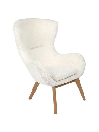 Armchair in cream white teddy fabric with Wing wooden feet
