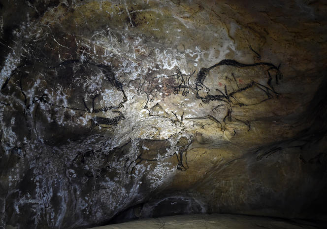 Drawings representing bison, horses and other animals, part of the parietal art or prehistoric art, adorn the walls of the cave of Niaux, in the south-west of France, on November 8, 2017.