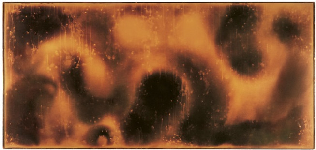 Yves Klein, Untitled Fire Painting, (F 24 ), 1961, burnt cardboard, 139 × 299 cm, private collection © Succession Yves Klein c/o ADAGP, Paris, 2022