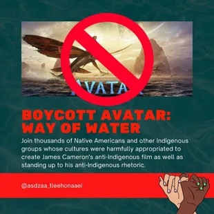 The poster in which the indigenous activist Yue Begay urges not to see Avatar, the shape of water