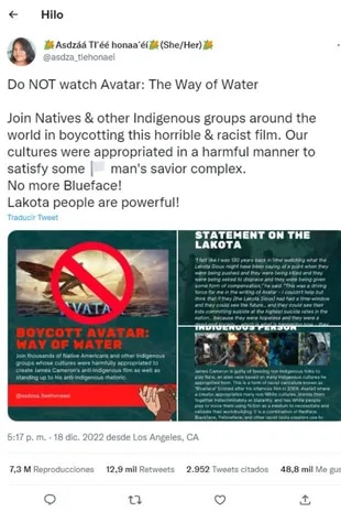 The indigenous activist Yue Begay promoted the plot against the film Avatar, the path of water, considering that in it there is cultural appropriation by the soft man of the native peoples
