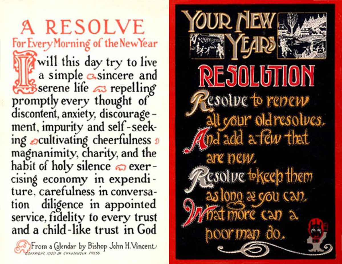 Early 20th century New Year's resolution postcards.
