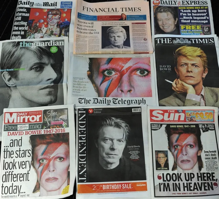 The death of David Bowie grabbed the covers of British newspapers in January 2016 (Photo: Robert BODMAN / AFP)